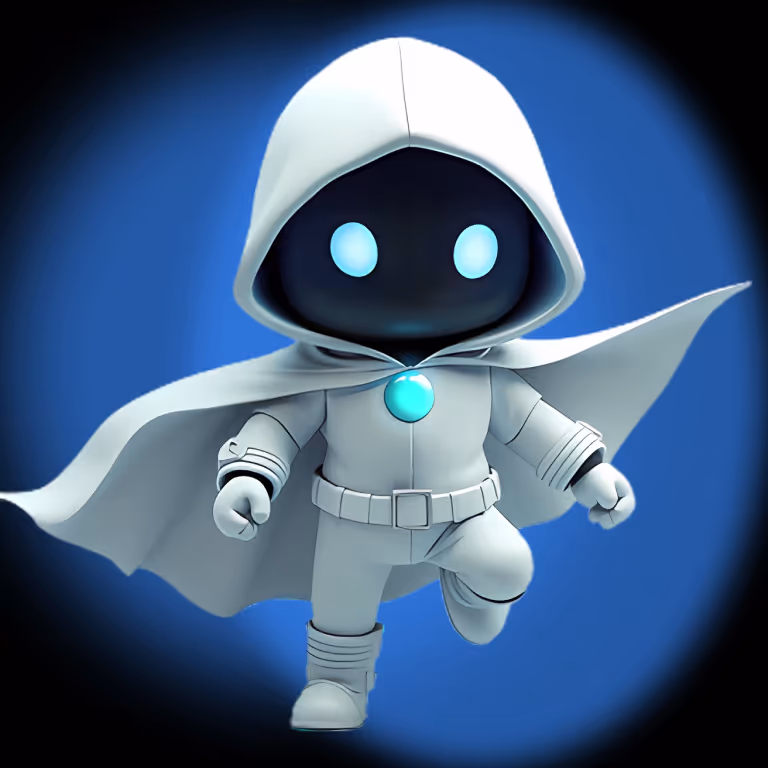 SlotsVader Casinos maskot i vit huva med lysande blå ögon som symboliserar spännande speläventyr och oändliga vinster.